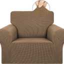 KEKUOU Stretch Single Sofa Slipcover 1 Piece Couch Sofa Cover (31"-55") Furniture Protector 1 Seater Sofa with Elastic Bottom for Kids,Pet.Jacquard Small Checked Pattern Fabric(Small,Camel)