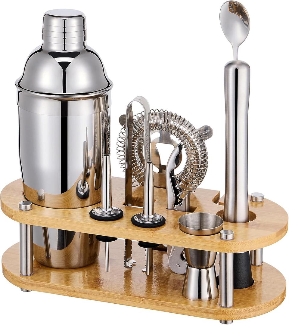 Cocktail Shaker Set Bartender Kit - 11 Pcs Bar Tool Set with Bamboo Stand & All Bar Accessories: Martini Shaker, Strainer,Jigger, Muddler, Mixer Spoon Barware Kit, for Bar, Home Lounge & Party (Silver)