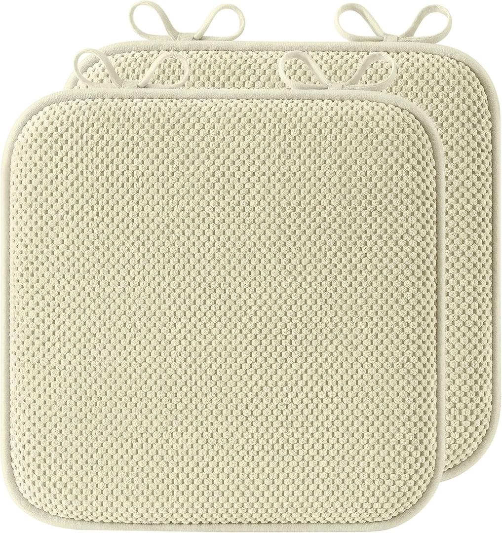 puredown Chair Cushions for Dining Chairs, Set of 2 Memory Foam Seat Cushions with Non-Slip Backing & Ties, 16" x 16" x 1.5", Comfortable & Supportive Dining Chair Pads for Kitchen, Light Khaki