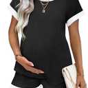Ekouaer Women's Waffle Knit Maternity Pajamas 2 Piece Outfits Short Sleeve Tops and Shorts Loungewear Set Pregnancy Clothes, Medium