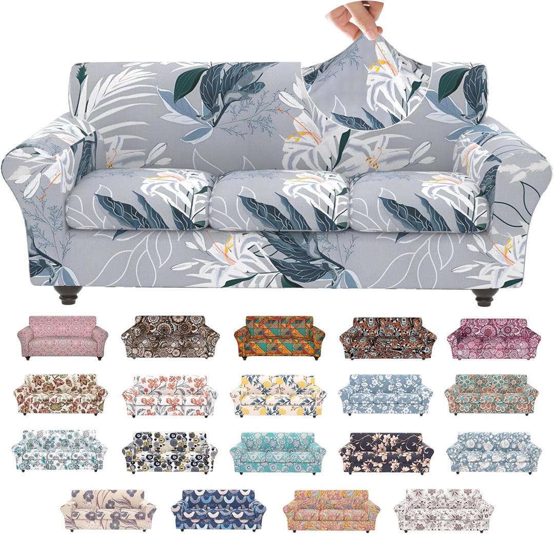 Stretch Couch Covers for 3 Separate Cushion Couch Sofa,Floral Printed Couch Sofa Cover,Washable Sofa Slipcover,Pet Friendly Furniture Protector with Elastic Bottom,Universal Fit for Home(Sofa,Cover)