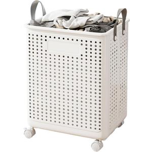 WESAPPINC 55L Collapsible Extral Large Laundry Hamper, Plastic Laundry Basket with Wheels,Suitable for Bathroom, Bedroom, Dorm Room & Laundry Room,Basket with Handle (White)