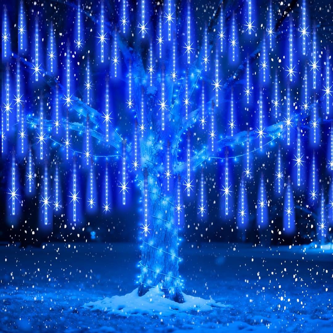Meteor Shower Lights Outdoor Christmas Lights UL Certified Falling Rain Drop Snowfall Icicle Cascading String Light for Xmas Holiday Tree Wedding Party Garden Decor Blue, 12 Inch 10 Tubes