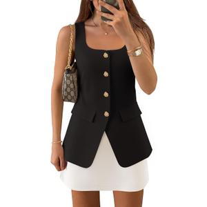 ZESICA Women's 2025 Summer Casual Sleeveless Suit Vest Square Neck Button Down Work Business Blazer Vests Waistcoat (Medium, Black)