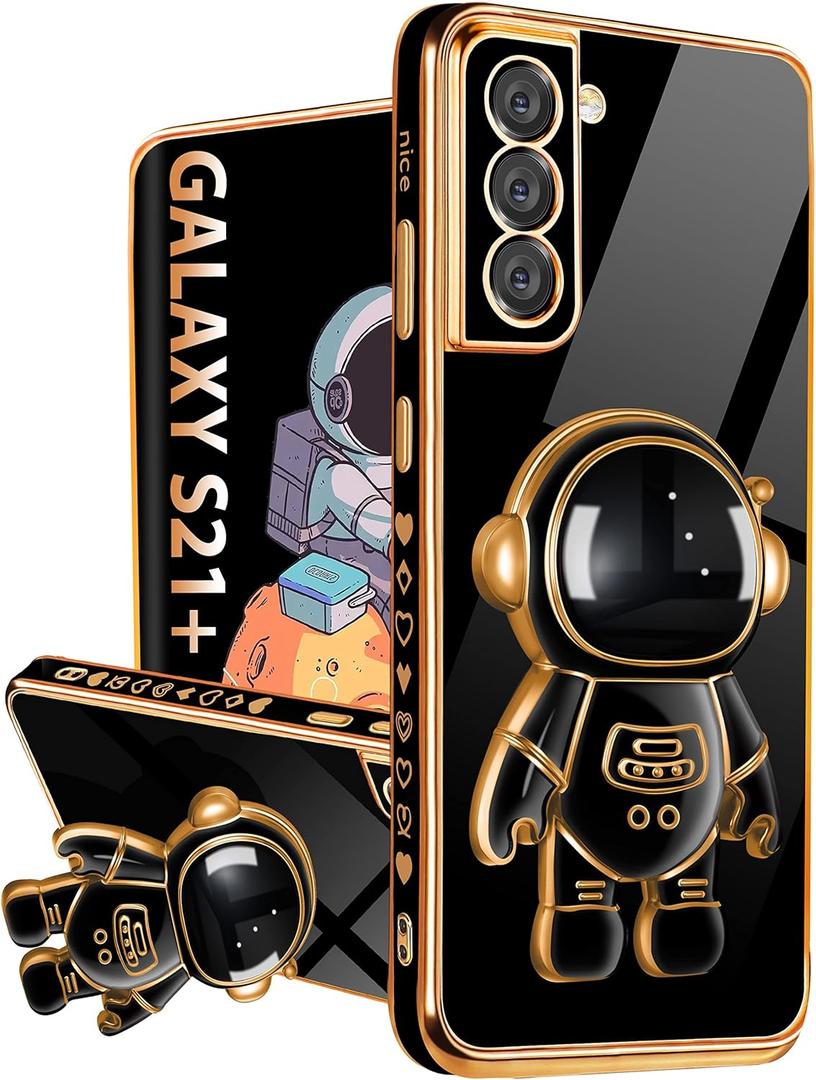 Buleens for Samsung Galaxy S21 Plus Case with Astronaut Stand, Women Girls for Galaxy S21 Plus Cases, Girly Cute 6D Space Astronaut Hidden Kickstand Design Phone Cover for S21 Plus 6.7 Inch Black
