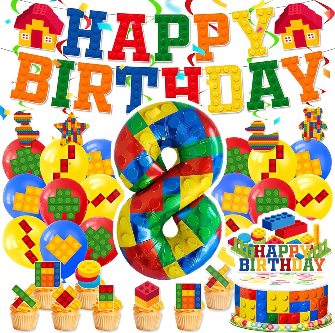 8th Birthday Decorations  Building Blocks Birthday Decorations 8 Year Old Boy  Party Kit: Number 8 Balloon, Banner, Cupcake & Cake Toppers, Balloons  Brick Theme Party Supplies for Boys 8 Years Old