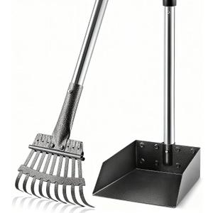Pooper Scooper, Long Handle Pet Supplies Dog Pooper Scooper with Stainless Metal Tray and Rake for Large Medium Small Dogs Heavy Duty, Use on Grass, Dirt or Gravel