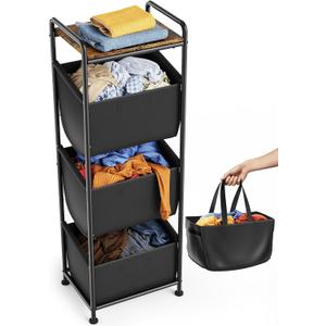 Moforoco Vertical Laundry Sorter 3 Section with Shelf, Laundry Hamper with Removable Bag, 120 L Laundry Baskets Organizer for Bathroom, Apartment, Dorm Room, Black