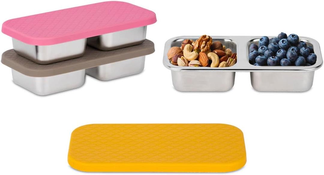 3 Pack Stainless Steel Snack Containers, 2 Compartment Snack Containers with Lids, Reusable Food Storage Containers with Lids for Travel, Outdoor, Camping