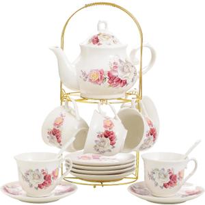 20-Pieces Porcelain Bone china Tea Sets,Gold Rim Coffee Set with Golden Metal Rack,Tea Gift Sets for Home&Party (003)