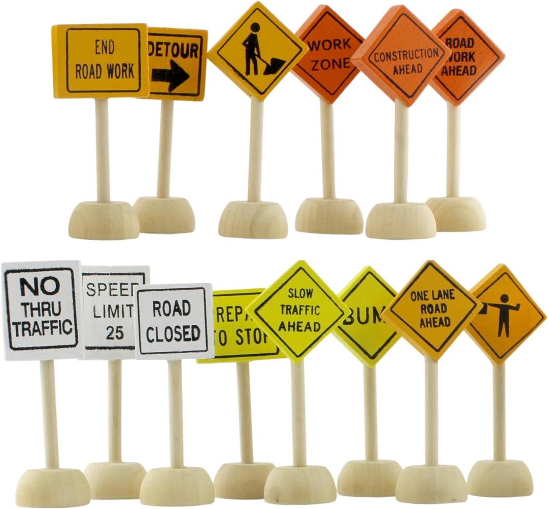 Attatoy Toy Wooden Road Construction Traffic Sign Set; Street Signs Small Toy Cars and Other Diecast Vehicles & Wood Cars & Toys