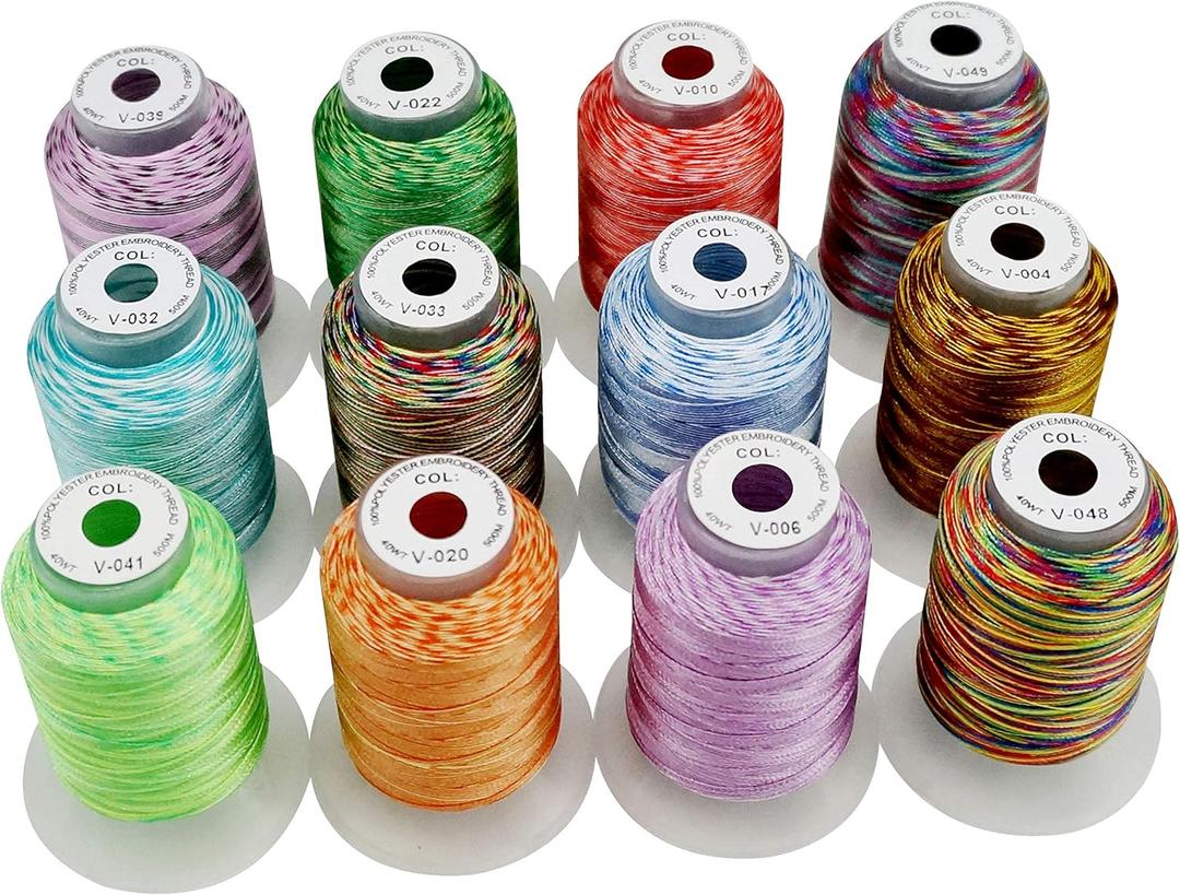 New brothread 12 Colors Variegated Polyester Embroidery Machine Thread Kit 500M (550Y) Compatible with Brother Janome Babylock Singer Pfaff Bernina Husqvaran Embroidery/Sewing Machines-Assortment1