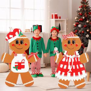 2 Sets Gingerbread Man Christmas Decorations Indoor Large Standup Life Size Wood Gingerbread Man Wooden Standing Cutouts for Xmas Party Office Home Table Booth Prop