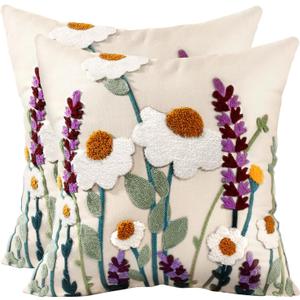 Embroidered Throw Pillow Covers 18x18 Inch - Set of 2 Summer Decorative Pillow Covers with Zipper Aesthetic Cute Design Throw Pillowcases for Couch Sofa Bed, Wild Floral