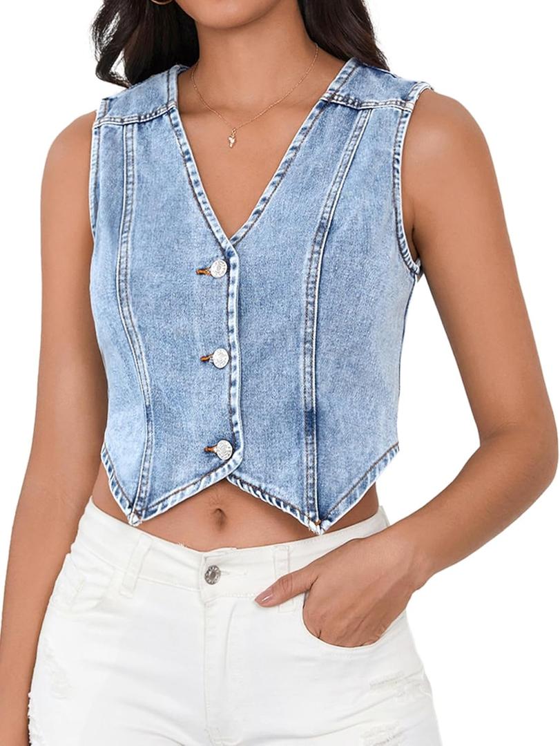 SHENHE Women's Denim Vest Button Down Sleeveless Jean Vest Top Y2K Cropped Denim Top Summer Western Outfits (Large, Light Blue)