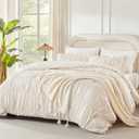Andency Ruched Beige Queen Comforter Set, Shabby Chic Pleated Bedding Sets 3 Pieces, Lightweight Soft Boho Ruffle Bed Set for Girls, Kids, Women, All Season