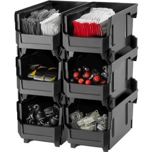 VEVOR Plastic Stackable Storage Bins, 14.8 x 8.5 x 7.1 inch (6 Pack), Plastic Containers for Organizing and Storage Bins for Closet, Garage, Small Parts, Office Supplies and Other Accessories, Black