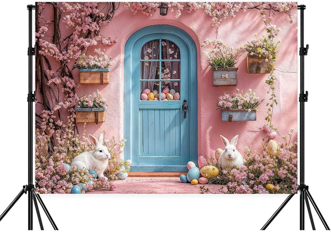 10X8ft Spring Easter Photography Backdrops Green Grass Lawn Pink Floral Colorful Eggs Blue Wooden Doors Garden Rabbits Easter Day Party Decorations Photo Background Photo Studio Props