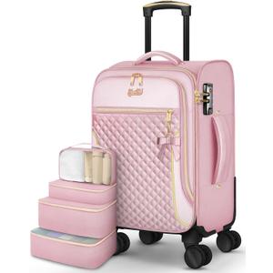 Carry On Luggage 22x14x9 Airline Approved, 20 Inch Softside Suitcase with 4 Pcs, Lightweight Luggage for Women with TSA Lock and 4 Spinner Wheels, Soft Side Carry-on Suitcases for Travel, Pink