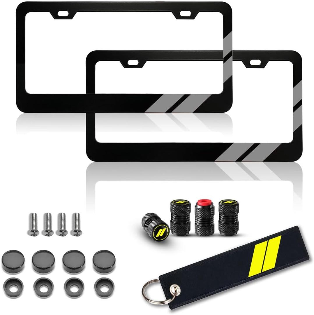 2PCS License Plate Frames Matte Black License Plate Cover Holder Aluminum Alloy Metal License Plate Covers Sport Stripe Keychain Black Tire Valve Cap Compatible with Dodge Charger Challenger (Grey) 2PCS License Plate Frames Matte Black License Plate Cover Holder Aluminum Alloy Metal License Plate Covers Sport Stripe Keychain Black Tire Valve Cap Compatible with Dodge Charger Challenger (Grey)