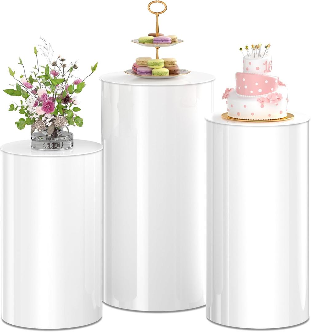 Cylinder Stands for Party 3 Pieces of White Round Cylinder Pedestal Display Plinths/Pillars for Wedding Party Decor 35.4'' (XXL), 29.5'' (XL), 23.6'' (L)
