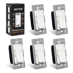 BESTTEN 5 Pack Super Slim Quiet Dimmer Light Switch, Smooth Slide Dimmer Switch, Single Pole or 3 Way Dimmable Light Switch, for LED, CFL, Incandescent, Halogen, ETL Listed, White
