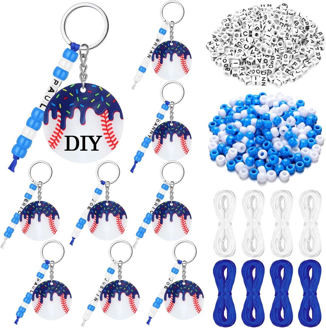 Nosiny 12 Pcs Baseball Ice Cream Drip Keychain DIY Bead Acrylic Key Chain Making Kit Craft 2 Inch Baseball Party Favors Team Gifts Sports Adjustable Letter Beads Decor for Bag(Blue)