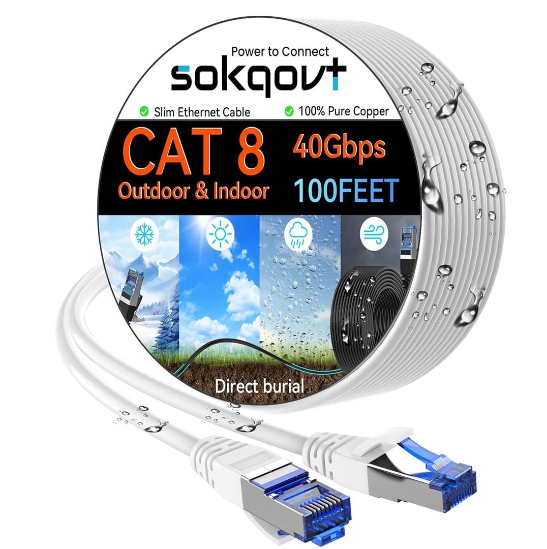 Sokqovt Cat 8 Ethernet Cable Slim 100ft Outdoor&Indoor, Pure Copper Cat8 Internet Cable for Waterproof & Direct Burial, Flexible Cat8 Ethernet Cable 40G 2000MHZ, Cat 8 Network Cable for Indoor White