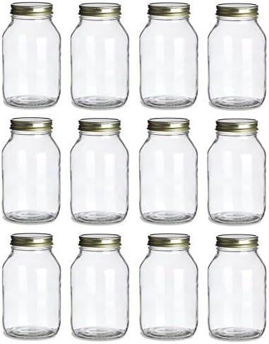 North Mountain Supply 32 Ounce Quart Glass Regular Mouth Mason Canning Jars - With Gold Safety Button Lids - Case of 12