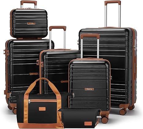 Luggage Sets with spinner wheels, PC+ABS Hard Shell Travel Luggage,Lightweight Carry-on suitcases with TSA Lock,YKK Zippers (Black, 7 piece suitcase sets（14/18/20/24/28/DB/TB）)