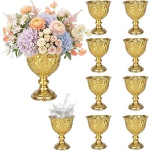Large Gold Vases for Centerpieces Set of 10, Wide Opening Metal Pedestal Bowls with Waterproof Liners for Wedding Table Centerpieces, Party & Home Decor