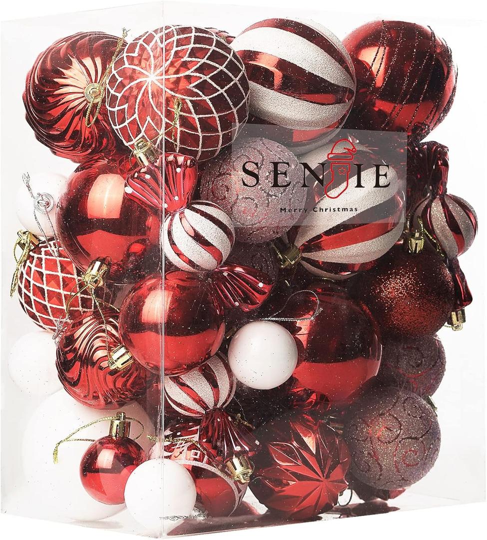 Christmas Ball Ornaments Set Assorted Shatterproof Ornaments 63 PCS Shaped Styles Xmas Tree Holiday Decorative,Red