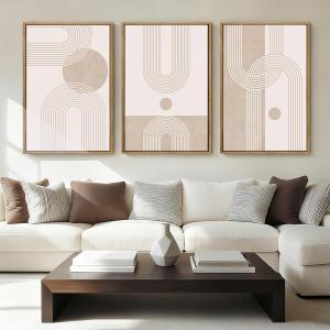 ANHUIB Neutral Boho Abstract Canvas Wall Art Set of 3 Framed Mid Century Modern Wall Decor Beige Geometric Line Artwork Minimalist Prints 16x24 Inch Painting for Living Room Bedroom Dining Room Office