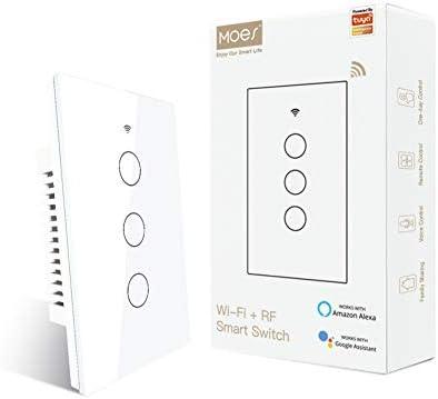 MOES 2.4GHz WiFi Wall Touch Smart Switch Neutral Wire Required, 3 Way Multi-Control, Glass Panel Light Switch Work with Smart Life/Tuya App, RF433 Remote Control, Alexa and Google Home White 3 Gang