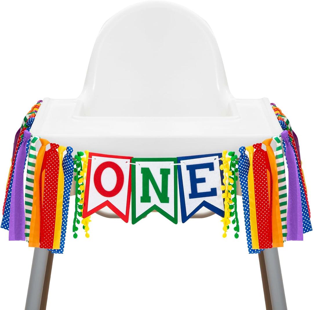 VitalCozy Birthday High Chair Banner Garland cartoon Decorations birthday Party Highchair Banner With Ribbon Fabric for Gender Neutral Highchair Decor (Street Theme,Colorful)