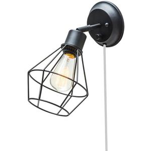 GLOBE Electric 65291 1-Light Plug-in or Hardwire Industrial Cage Wall Sconce, Matte Black Finish, On/Off Rotary Switch, 6ft Clear Cord, Wall Lights for Bedroom, Bulb Not Included
