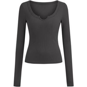 BTFBM Casual Long Sleeve T Shirts for Women Fall 2025 Ribbed Knit Slim Fit Solid Basic Tee Going Out Tops Blouse (Gray, M)