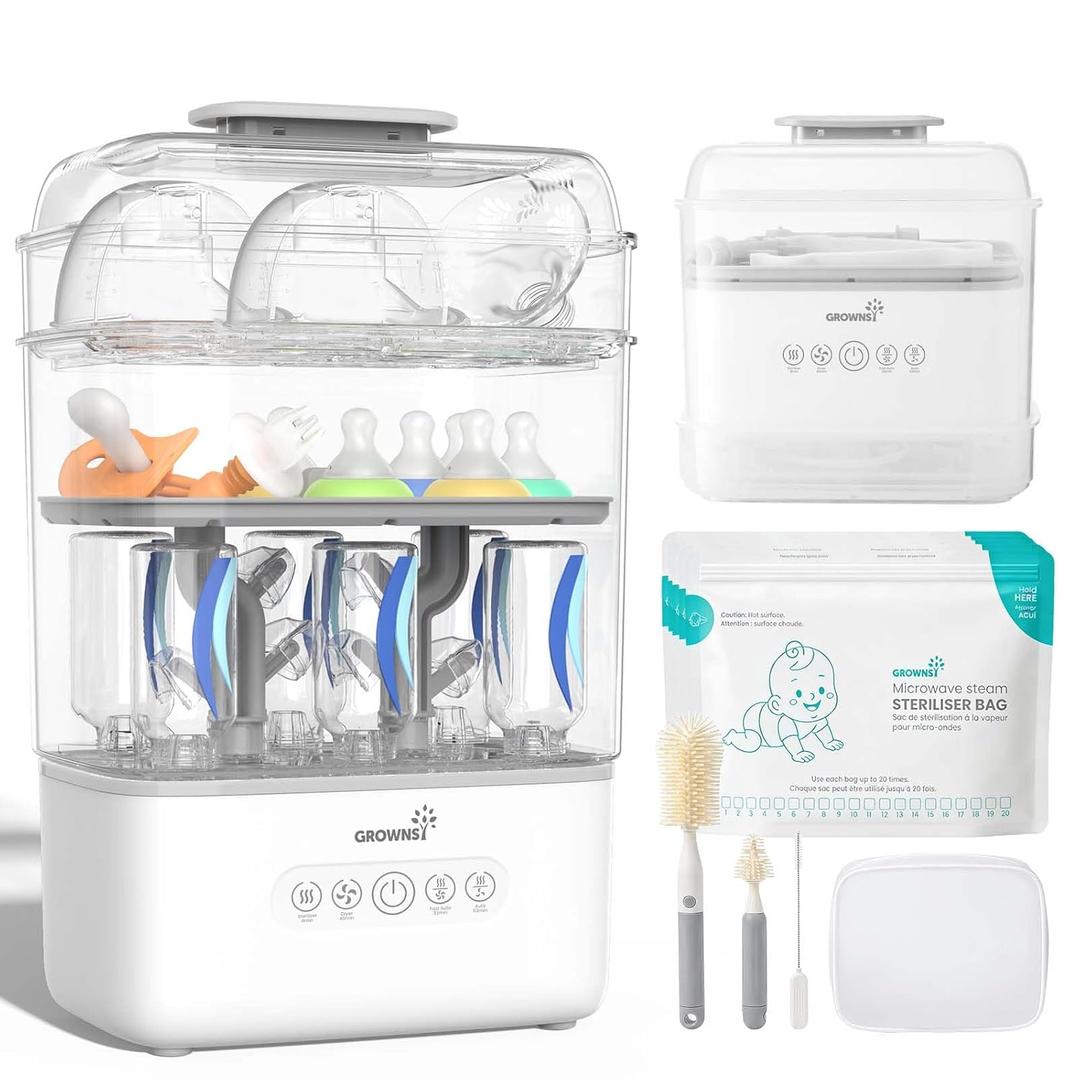 Grownsy 3 Layers-Large Bottle Sterilizer and Dryer, Holds 6 to10 Bottles, Nesting Design Bottle Sanitizer Esterilizador de Biberones for Breast Pump Sterilizer Bags Bottle Brush Included