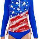 AGAPENG Girls Rash Guard Swimsuit Long Sleeve Swimsuit Two Piece Color Block Ruched Bathing Suit Zip Girls' Swimwear 7-16Y