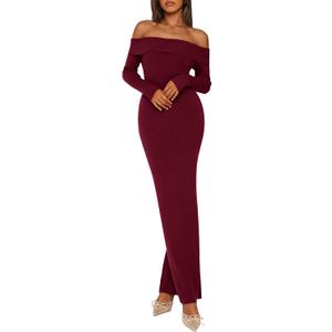 PRETTYGARDEN Womens Fall Sweater Dress 2026 Long Sleeve Off Shoulder Slit Maxi Bodycon Cocktail Party Dresses Spring Fashion (XXL)