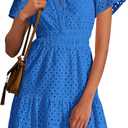 PRETTYGARDEN Womens 2025 Summer Short Dress V Neck Short Sleeve A Line Hollow Out Lace Ruffle Cute Casual Beach Party Dresses (Blue, L)
