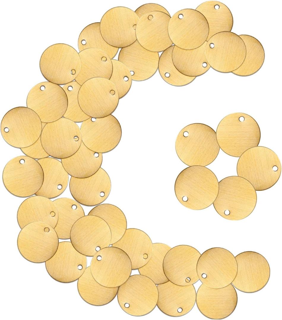 Zhengmy 50 Pcs Round Brass Tags, 1-1/4 Inch Diameter, Gold Blank Metal Stamping Key Brass Tags with Hole Engraving for Pets, Dogs, Plants, Doors