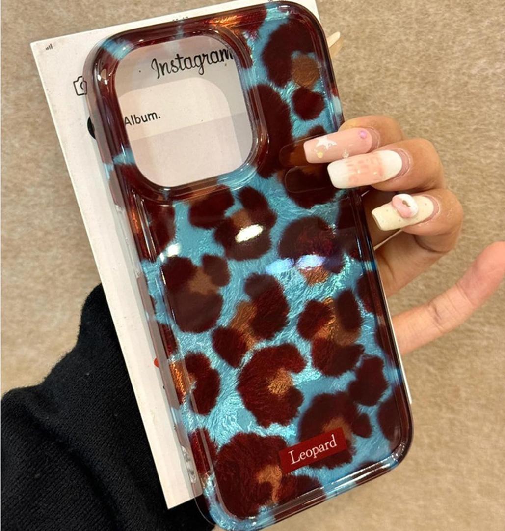 inewateri Compatible for iPhone 16 Pro Max Case with Cute Cheetah Leopard Print Retro Aesthetics Design Soft Slim TPU Shockproof Protective Bumper Glitter Shiny Phone Cover-Blue