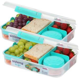 Sistema To Go 1.48L (2-Pack) Bento Box Food Storage Containers, School Lunch Boxes with Removable Dividers & Snack Pot, Two 1.48L Containers, Freezer, Microwave, & Dishwasher-Safe, BPA-Free