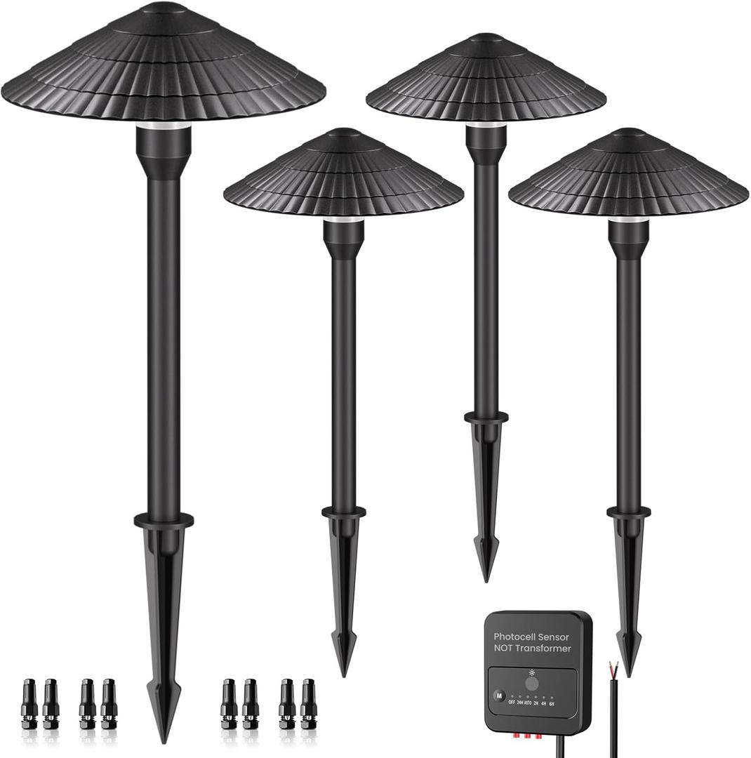 LED Low Voltage Landscape Lights 5W 2700K Warm White Cast-Aluminum Dusk to Dawn Timer Pathway Lights 12-24V IP66 Waterproof Landscape Path Lighting for Walkway Garden Yard 4 Pack