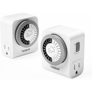TESSAN Outlet Timer, Mechanical 24-Hour Light Timers for Electrical Outlets Indoor, Dual 3-Prong Sockets 30-Minute Intervals, for Lamps, Christmas Lights, Fans (2 Pack)