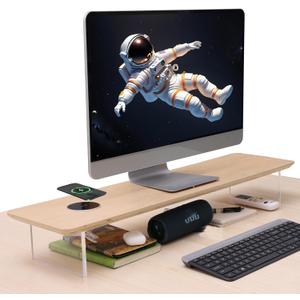 SUIBIAN White Monitor Stand Riser with Wireless Charging 31.5Inch Large, Computer Monitor Stand,Wooden Desktop Organizer Shelf for Office Desk Computer,Laptop,TV (White Oak)