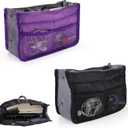 2 Pack Travel Purse Organizer Insert for Handbags, bag organiser, Nylon Purse Organizer, Tote Bag Organizer for Purse, 13 Pocket, Large Capacity Tote Organizer Insert with Zippers (Purple+Black)