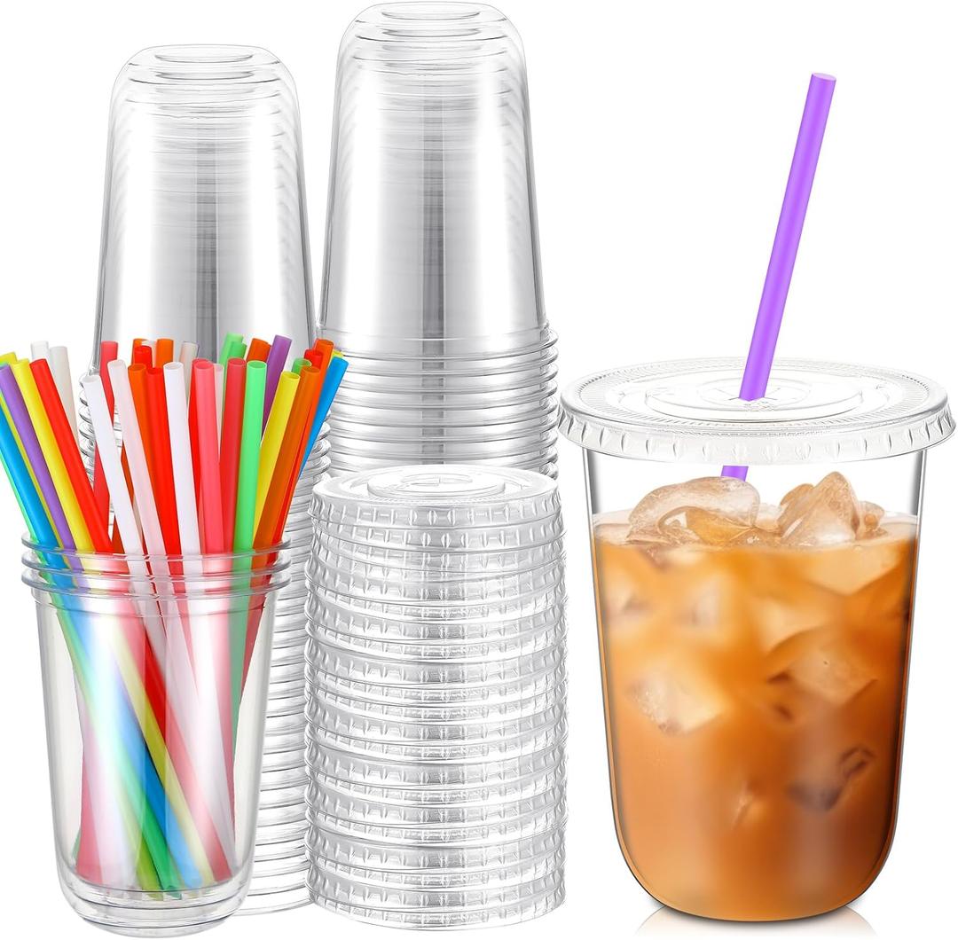 Ziliny 50 Pack 16 oz Plastic Cups with Lids and Straws Clear Disposable Round Bottom Coffee Cups for Iced Coffee, Cold Drinks, Juice, Smoothies, Milkshakes