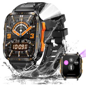 Military Smart Watch for Men with LED Flashlight/UV Light 3ATM Waterproof 1.96" Big Screen Rugged Tactical Smartwatch with Text and Call Fitness Tracker with HR/Sleep Monitor for iPhone Android (Black Orange)